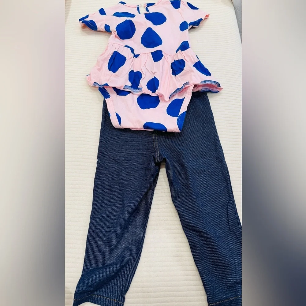 Carter's Pink Dress with Navy Blue Polka Dots Denim Leghing VGUC 24 Month